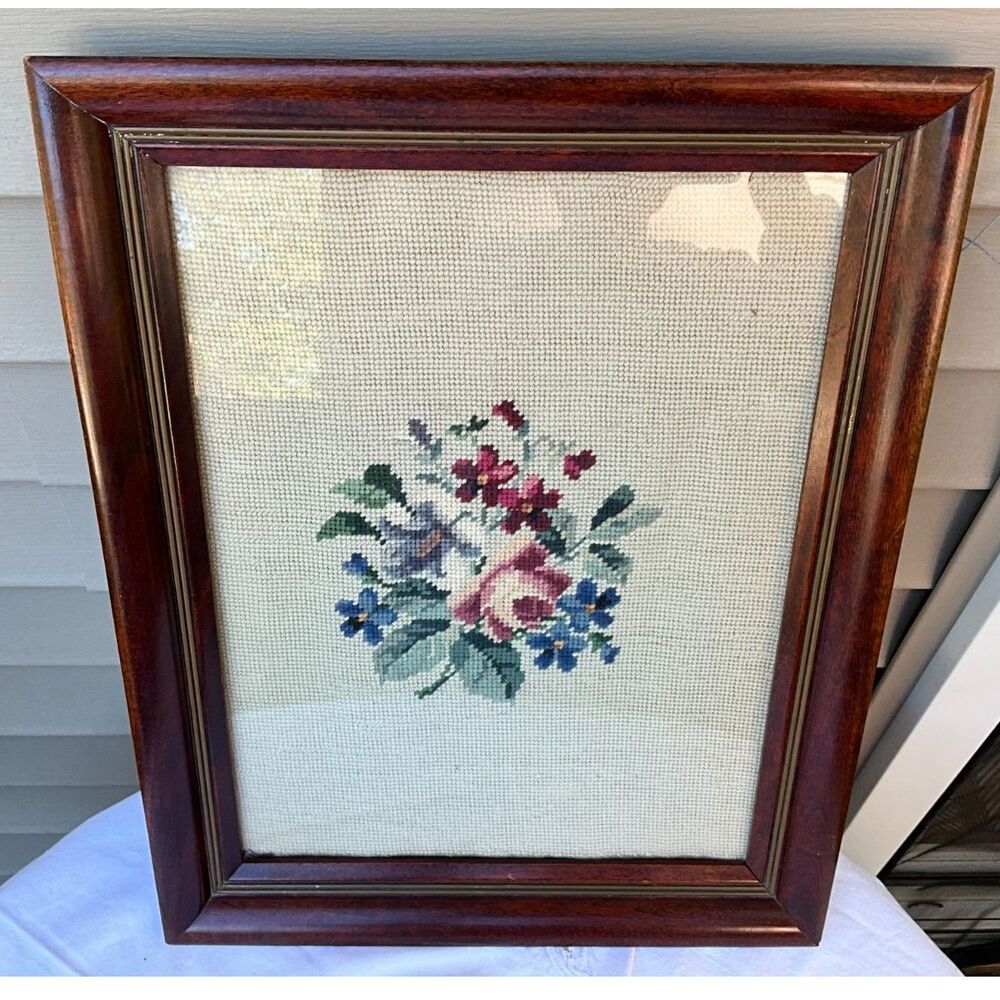 Vintage Framed Needlepoint Flowers Grandmacore Cottagecore Floral Bouquet